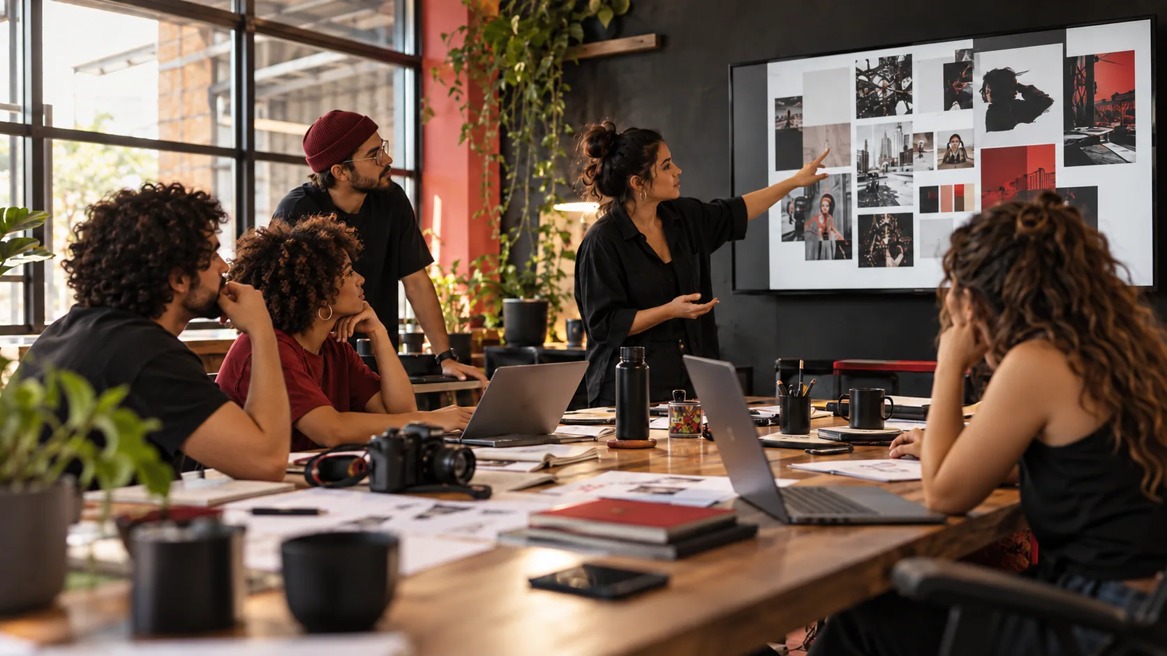 Equipe criativa colabora em um estúdio de comunicação