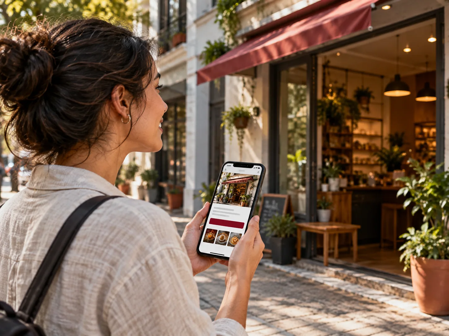 Pessoa consulta o celular diante de um estabelecimento