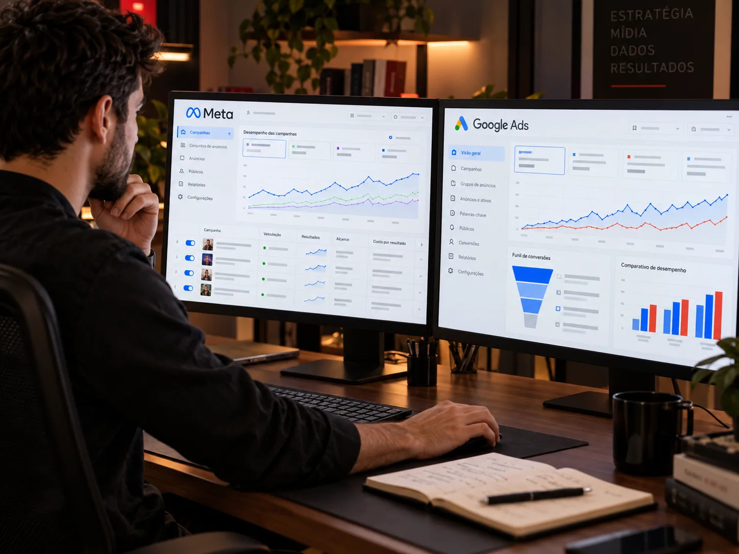 Painéis de Meta Ads e Google Ads com gráficos de desempenho