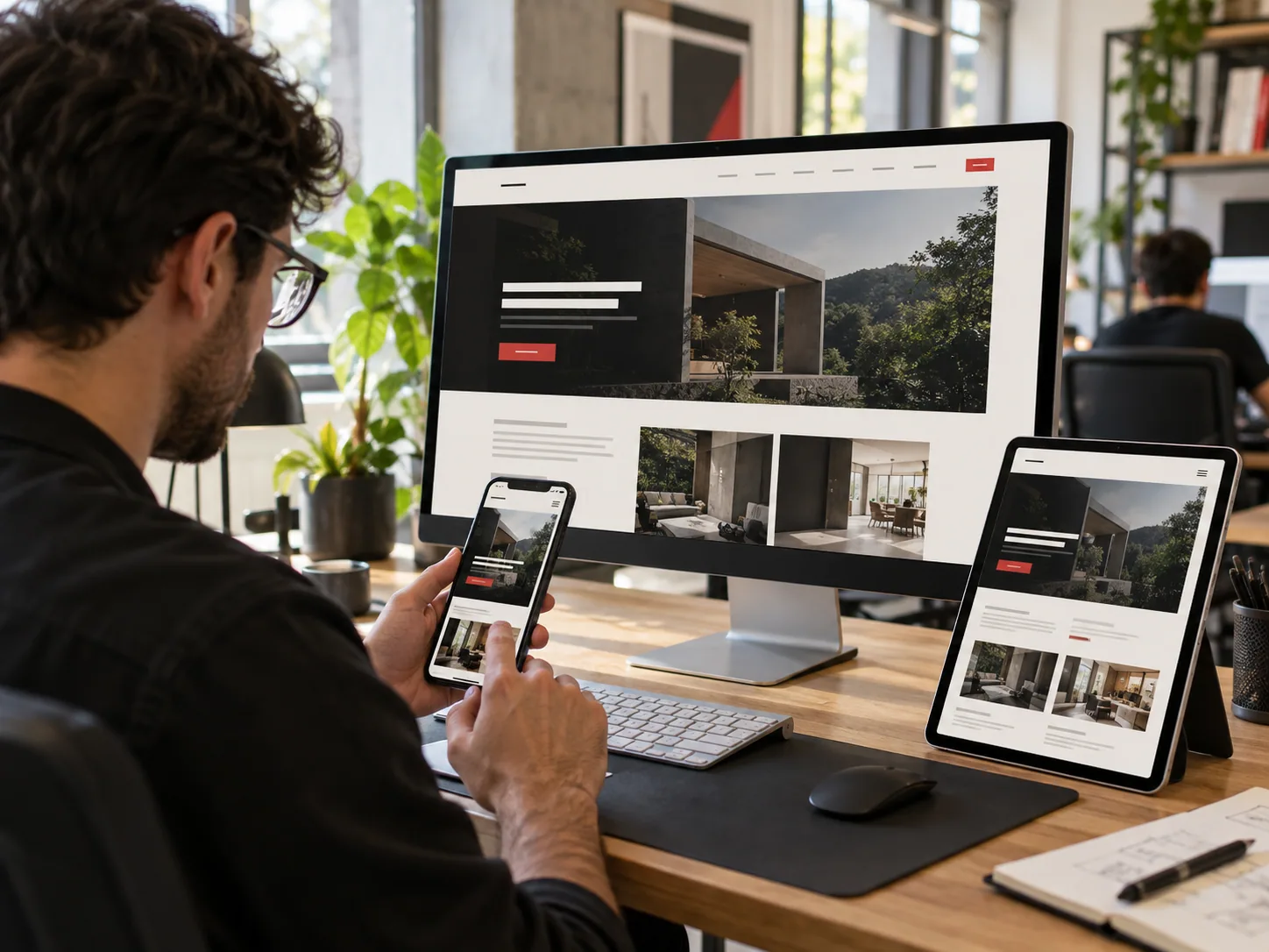 Profissional testa um site responsivo em computador, tablet e celular